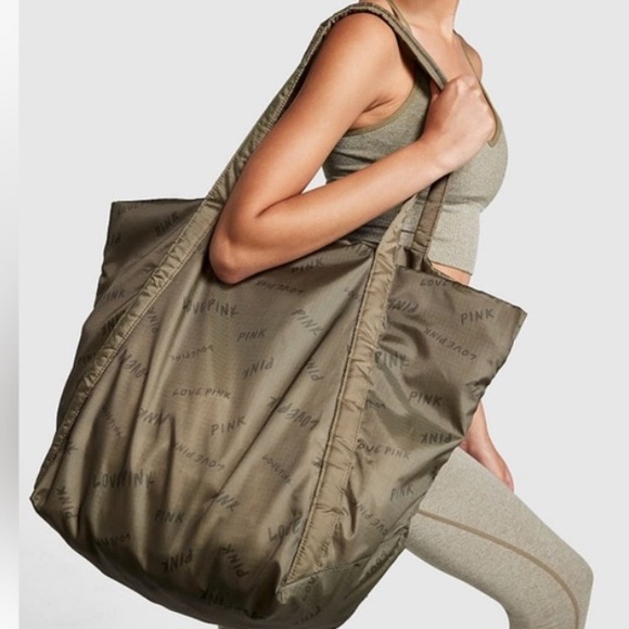 PINK Victoria's Secret Handbags - Pink Victoria’s Secret Olive green weekend tote bag and pouch large workout bag